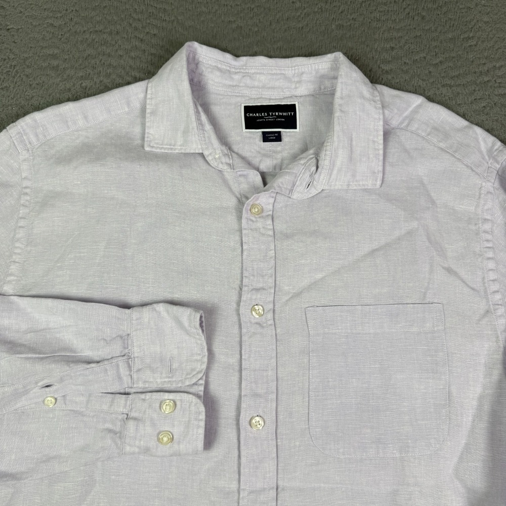 Charles Tyrwhitt Shirt Mens L Classic Purple 100% Linen Long Sleeve Beach Summer